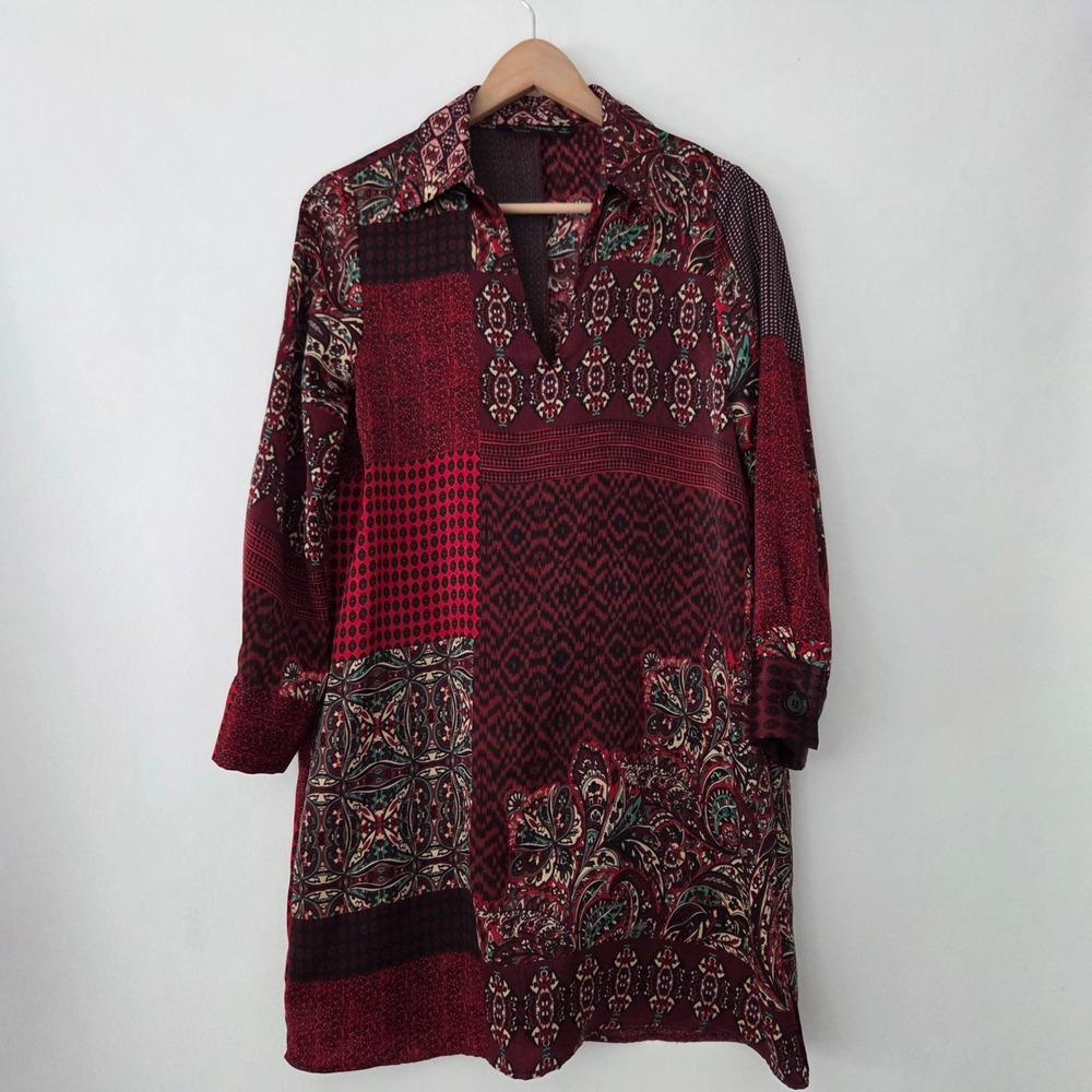 Zara Tunic Dress Burgundy Red Patchwork Paisley Boho Womens Size Medium